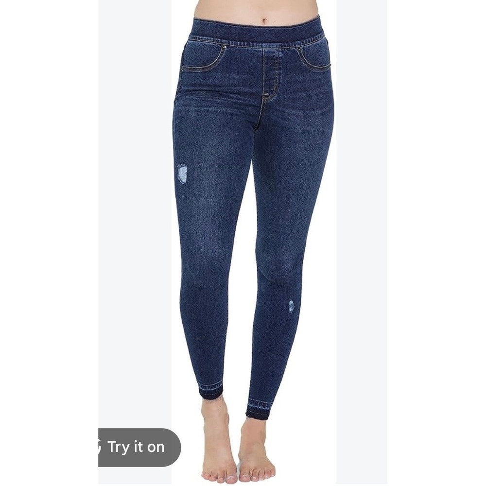 Spanx Distressed Ankle Skinny Jeans Dark Wash Indigo Pull On Denim XL